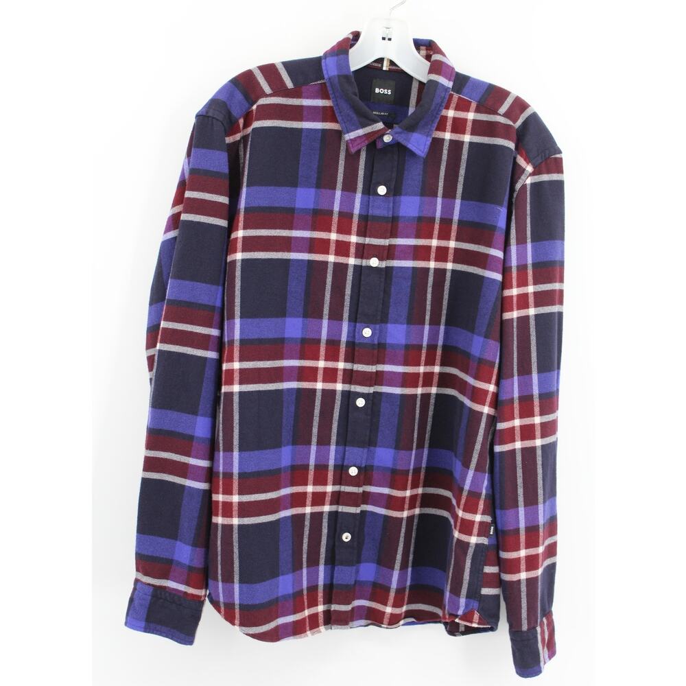 BOSS Hugo Boss Men's Liam Kent Regular Fit Plaid Flannel Button-Up Shirt, L